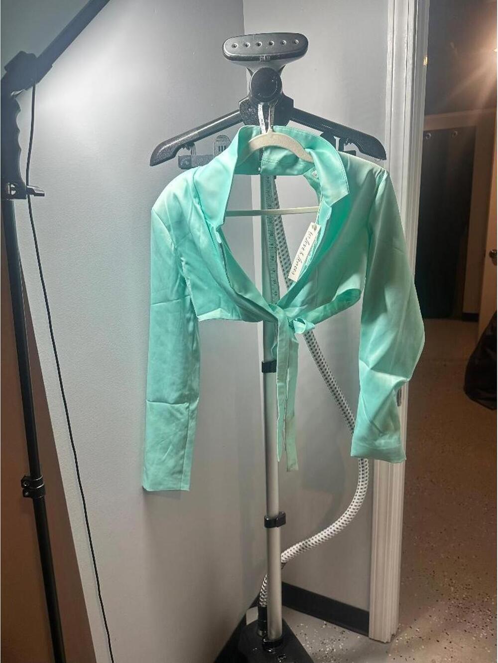 For Love & Lemons Marie Cropped Blazer Small Mint Tie Front Satin Jacket NWT - Picture 2 of 3